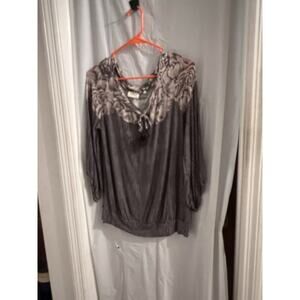 Deletta Anthropologie Gray Floral Striped Polka Dot Tassel Tie Top Size L Boho